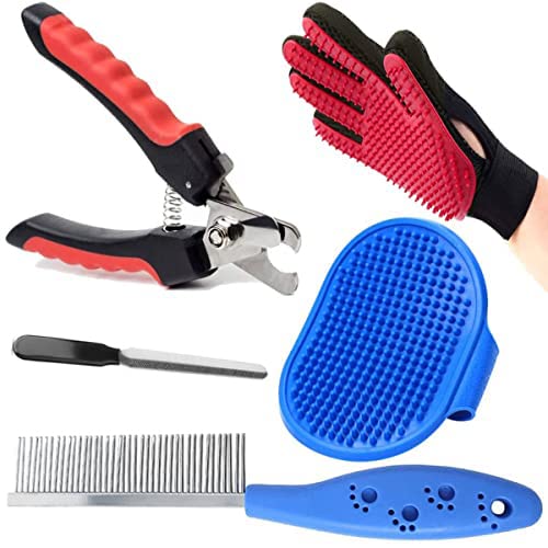 Youhavedeal Pet Grooming Kit  Nail Cutter, Bath Brush With Adjustable Ring, Single Steel Comb & Grooming Glove For Puppy, Cat &