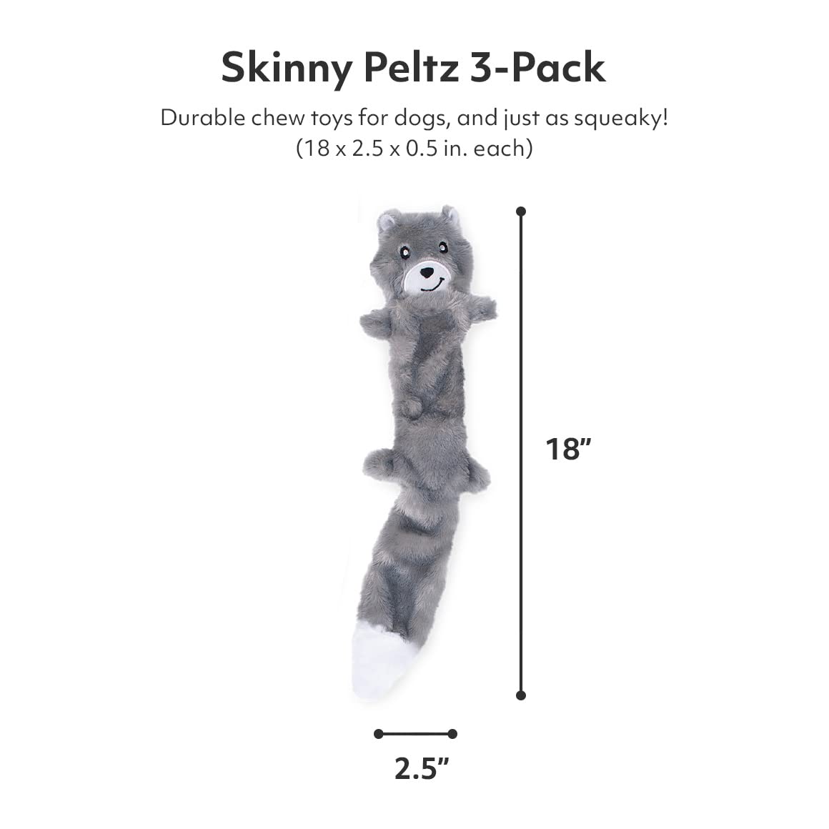 Zippypaws Skinny Peltz - Weasel, Skunk, & Wolf - No Stuffing Squeaky Dog Toys, Unstuffed Chew Toy For Small & Medium Breeds, Bul