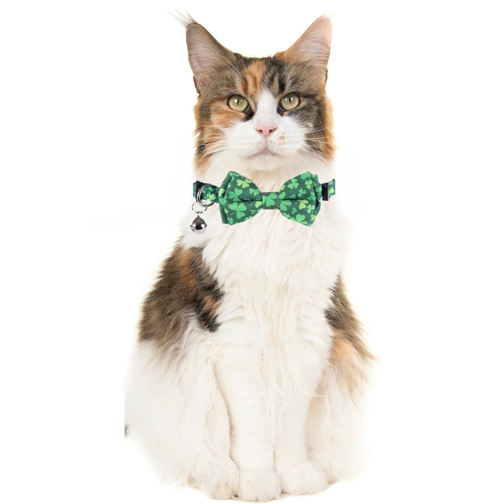 St.Patrick'S Day Cat Collar With Bow Tie And Bell Breakaway Adjustable Safety