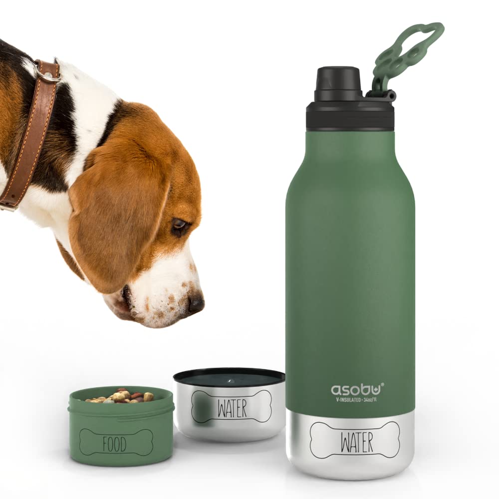 Asobu Dog Buddy Bottle a Stainless Steel Insulated Water Bottle for a Human with 2 Removable Dog Bowls for Water, Food, and Trea