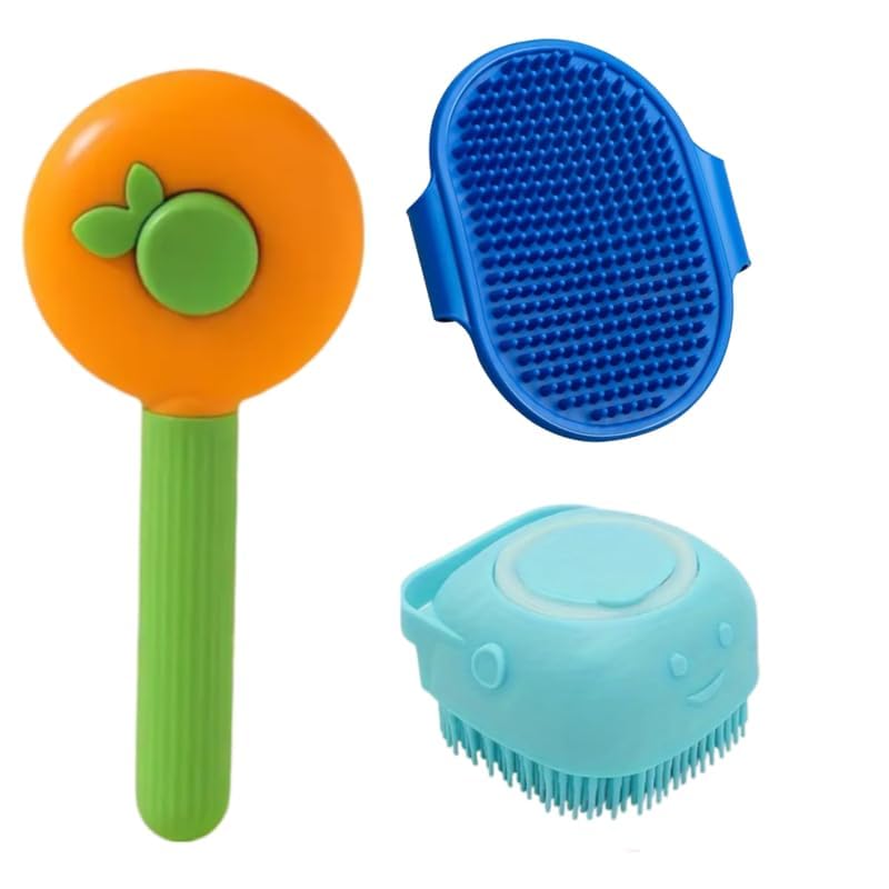 Kittupet 3 In 1 Dog Grooming Kit SelfCleaning Slicker Brush For Dogs And Cats With Pet Slicker Brush, Rubber Bathing Glove And 