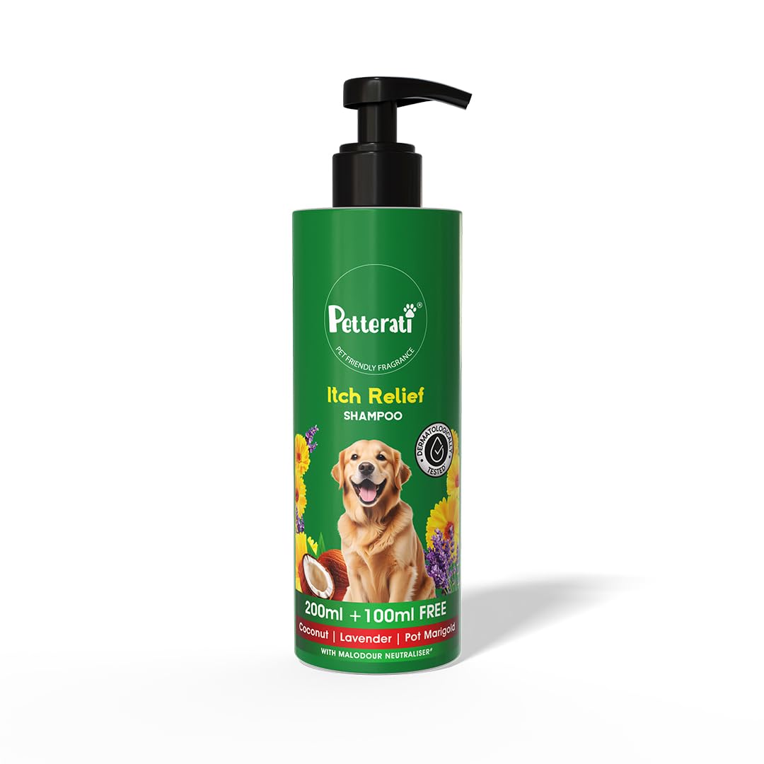 Petterati Itch Relief Dog Shampoo | Coconut, Lavender & Pot Marigold | Soothes Itching, Calms Skin Irritation | 200Ml + 100Ml Fr