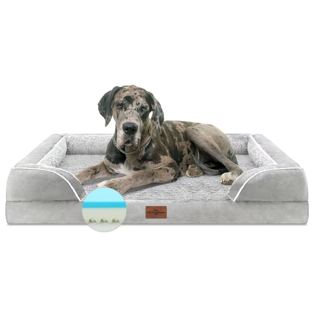 Comfort Expression Xxl Dog Bed For Extra Large Dogs, Cooling Dog Bed, Orthopedic Memory Foam Dog Bed For Giant Dogs, Waterproof Dog Bed With Bolster & Removable Cover(Xx-Large,Light Grey)