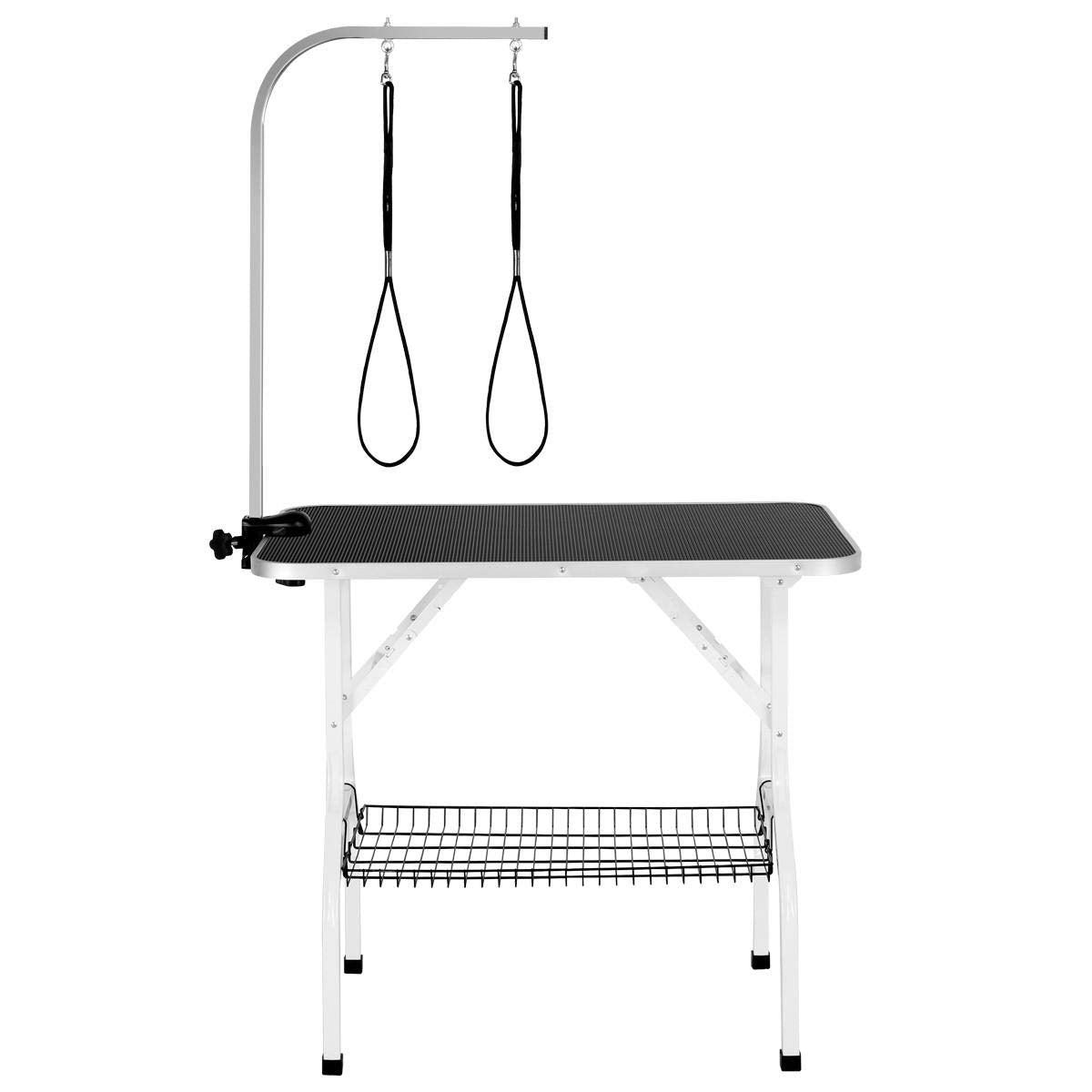 Costoffs Foldable Pet Dog Grooming Table With Basket Adjustable Arm Double Tether Salon Table For Small Medium Dogs/Cats 160Cm High Black