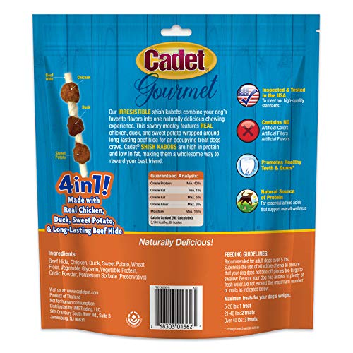 Cadet Gourmet Triple-Flavored Beef Hide Shish Kabob Dog Treats - Healthy & Natural Chicken, Duck, & Sweet Potato Dog Treats, 5 i