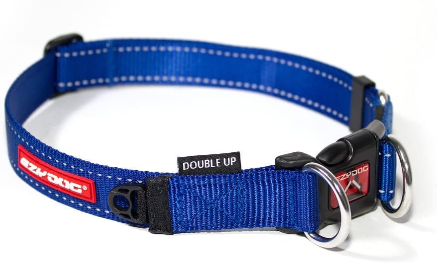 Ezydog Double Up Premium Nylon Dog Collar With Reflective Stitching - Double D-Rings For Superior Strength, Safety, And Comfortability - Non-Rusting And Includes An Id Attachment (Large, Blue)