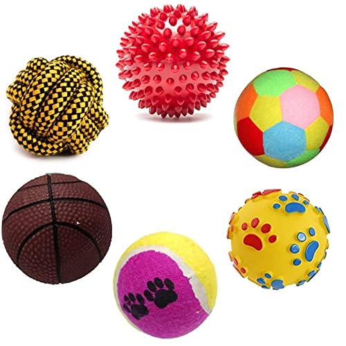 Dog & Cat Squeaky, Chew Teether Toys Combo For Dog/Puppy  Paw Print Ball + Rattle Ball + Red Hard Ball + Rope Ball + Tennis Bal