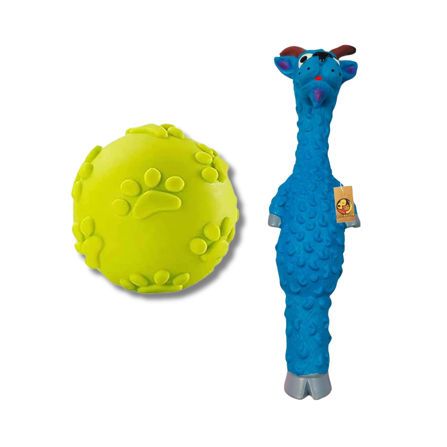 Foodie Puppies 2 In1 Latex Squeaky Chew Dog Toy Combo (Claw Ball + Blue Goat) | NonToxic Interactive Durable Fetch Soft & Safe 