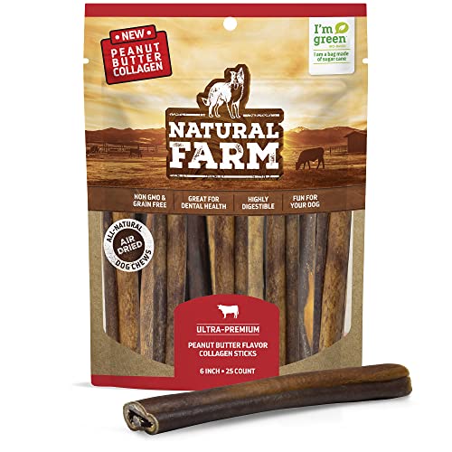 Natural Farm Peanut Butter Flavor Collagen Sticks for Dogs (6 Inch, 25 Pack), Long-Lasting Beef Collagen Sticks, Rawhide Alterna