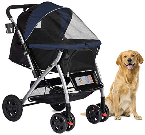 HPZ Pet Rover Heavy Duty Pet Stroller, Large, Alloy Steel, Midnight Blue, Model DS328, Zipperless Entry, Reversible Handle