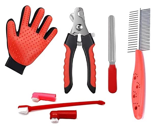 Pups&Pets Dogs Grooming Kit Double Side Comb, Nail Cutter, Nail Grinder, Tooth Brush And Glove For Puppy, Cat And Kitten Combo O