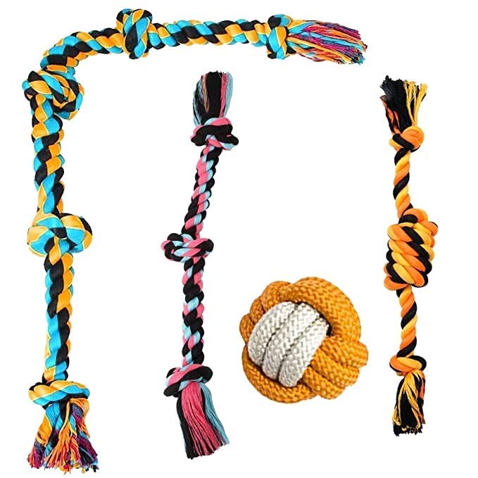 Kittupet Knotted Dog Rope Chew Toy Set Of 4  Cotton Ball, 3 Knot Rope Dog, 5 Knot Rope Dog And Long Rope Toy For Dogs And Puppi