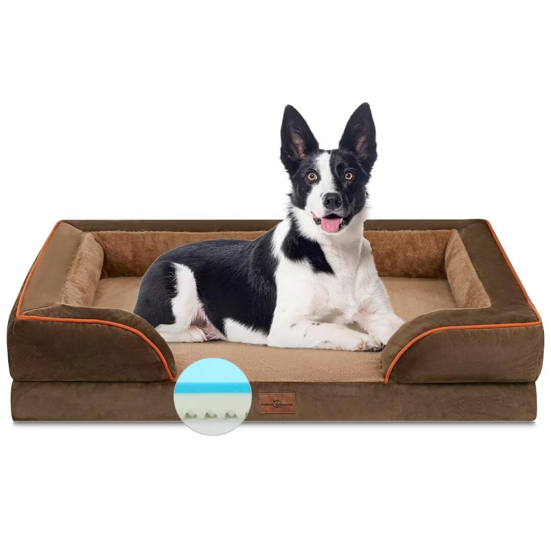 Comfort Expression Cooling Dog Bed Orthopedic, Memory Foam Dog Bed For Large Dogs, Waterproof Dog Beds, Washable Dog Bed With Removable Cover,Pet Bed Dog Sofa With Bolster(Large,Khaki Brown)
