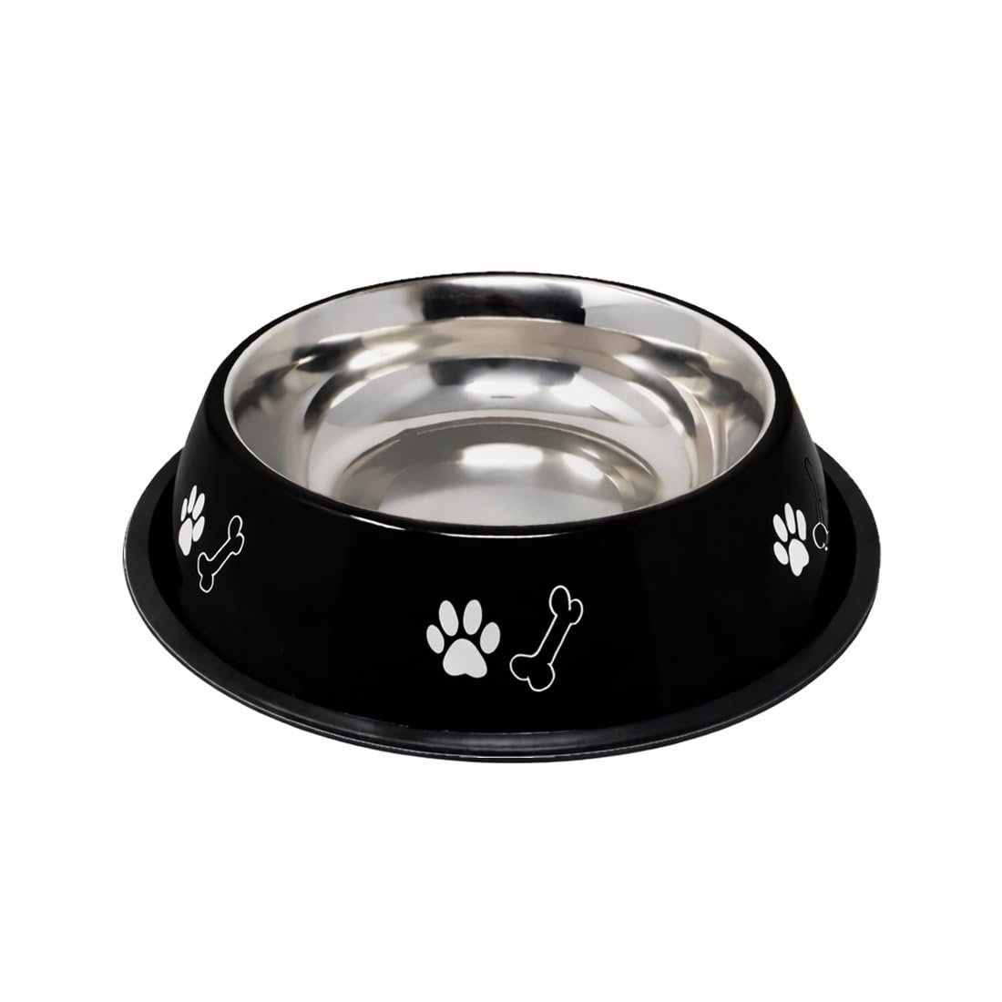 Pet Fun Stainless Steel Paw & Bone Print Dog Food Bowl, Medium Dog Feeding Bowl With AntiSlip Rubber Base For Small To Large Do