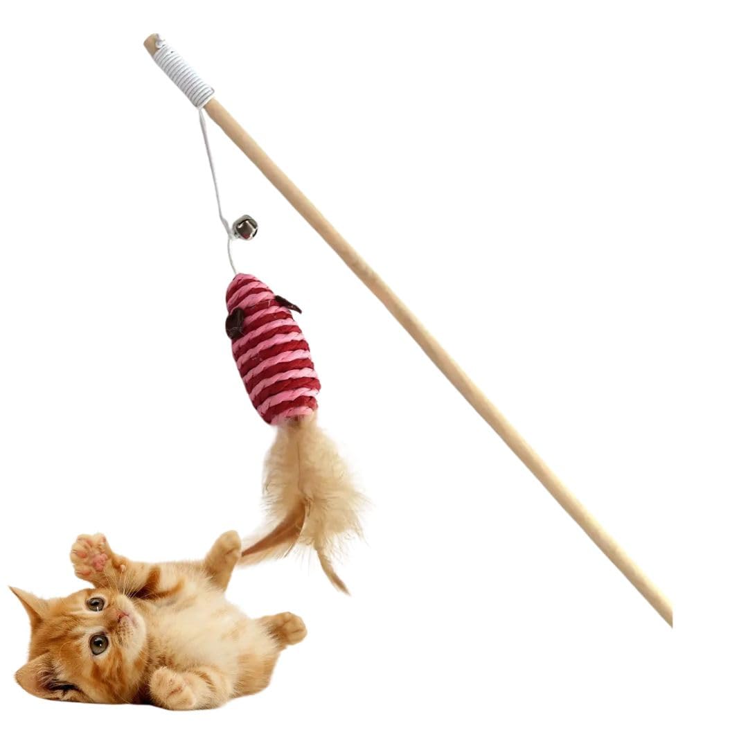 Pet Fun Interactive Cat Teasing Stick | Engaging Feather Wand Toy Set For Kitten & Cats, Activity Sisal Mouse Cat Teaser Play Wa