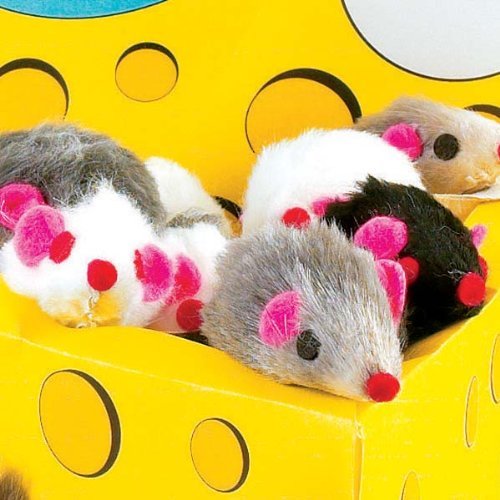 Pet Edge Zanies Cheese Wedge Display Box With 60 Furry Mice Toys For Cats – Mouse Measures 3” In Length Including Tail