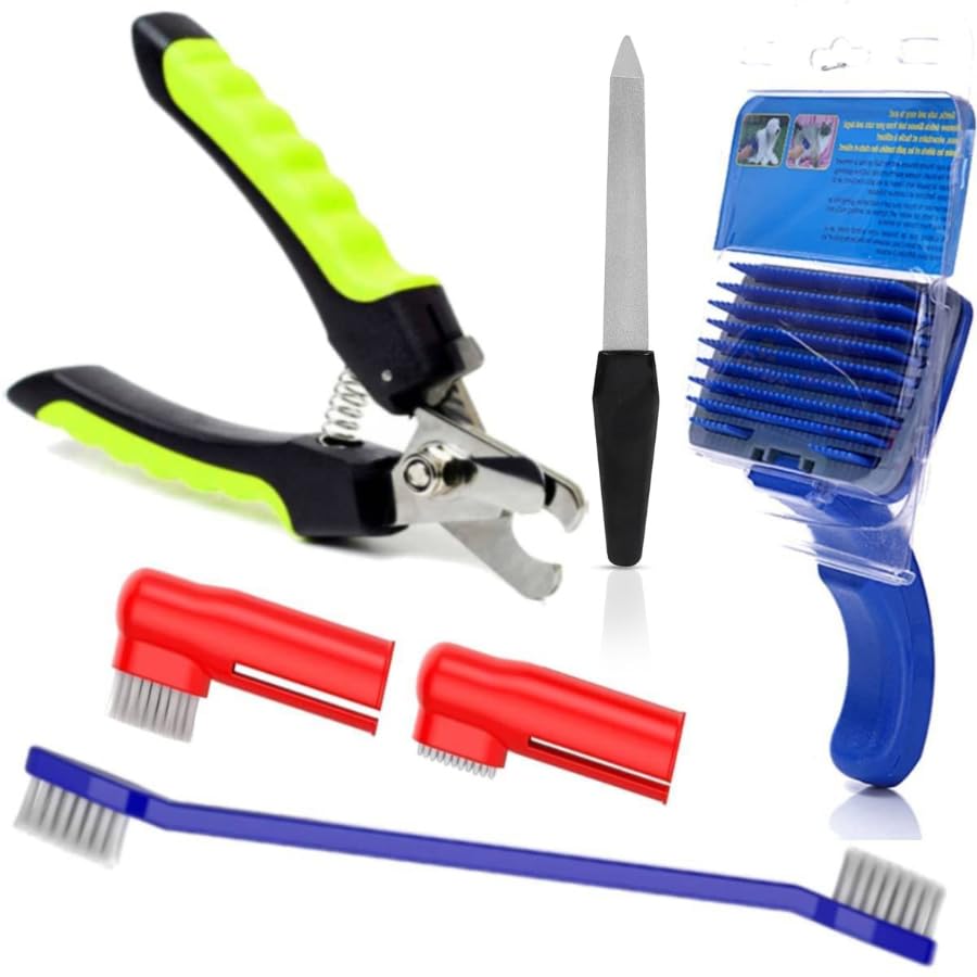 PSK PET MART Dog Grooming Kit  Dog Nail Clippers with Filer + Dog Toothbrush Kit + Dog Plastic Slicker Brush with Press Key for