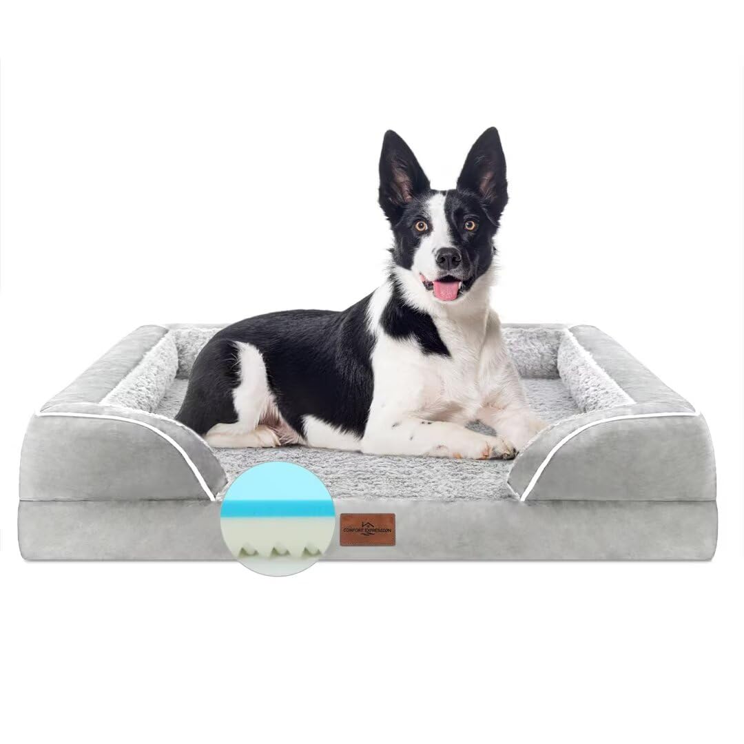Comfort Expression Orthopedic Memory Foam Dog Bed, Cooling Dog Bed, Waterproof Dog Beds For Large Dogs, Washable Dog Bed With Removable Cover,Pet Bed Dog Sofa With Bolster(Large,Light Grey)