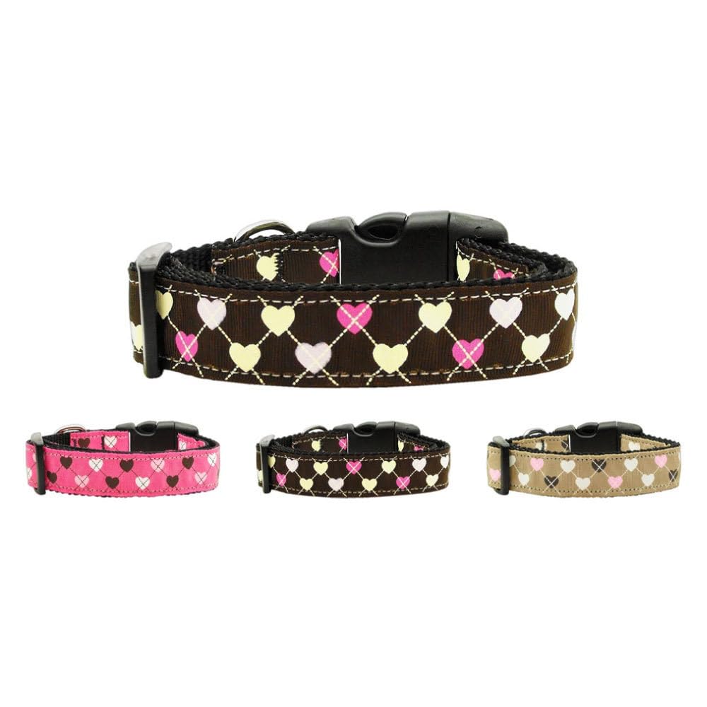 Pet Dog & Cat Nylon Collar or Leash, "Argyle Hearts" Brown 3/8" w x 6 ft. leash