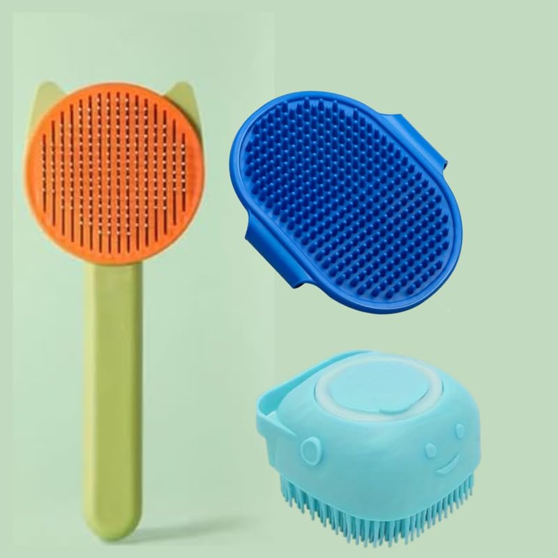 Dog Trust 3 Pcs Combo Hair Brush Cat Face Interactive Detnagle Hair Remover Brush And Rubber Hand Bathing Gloves And Pet Shampoo
