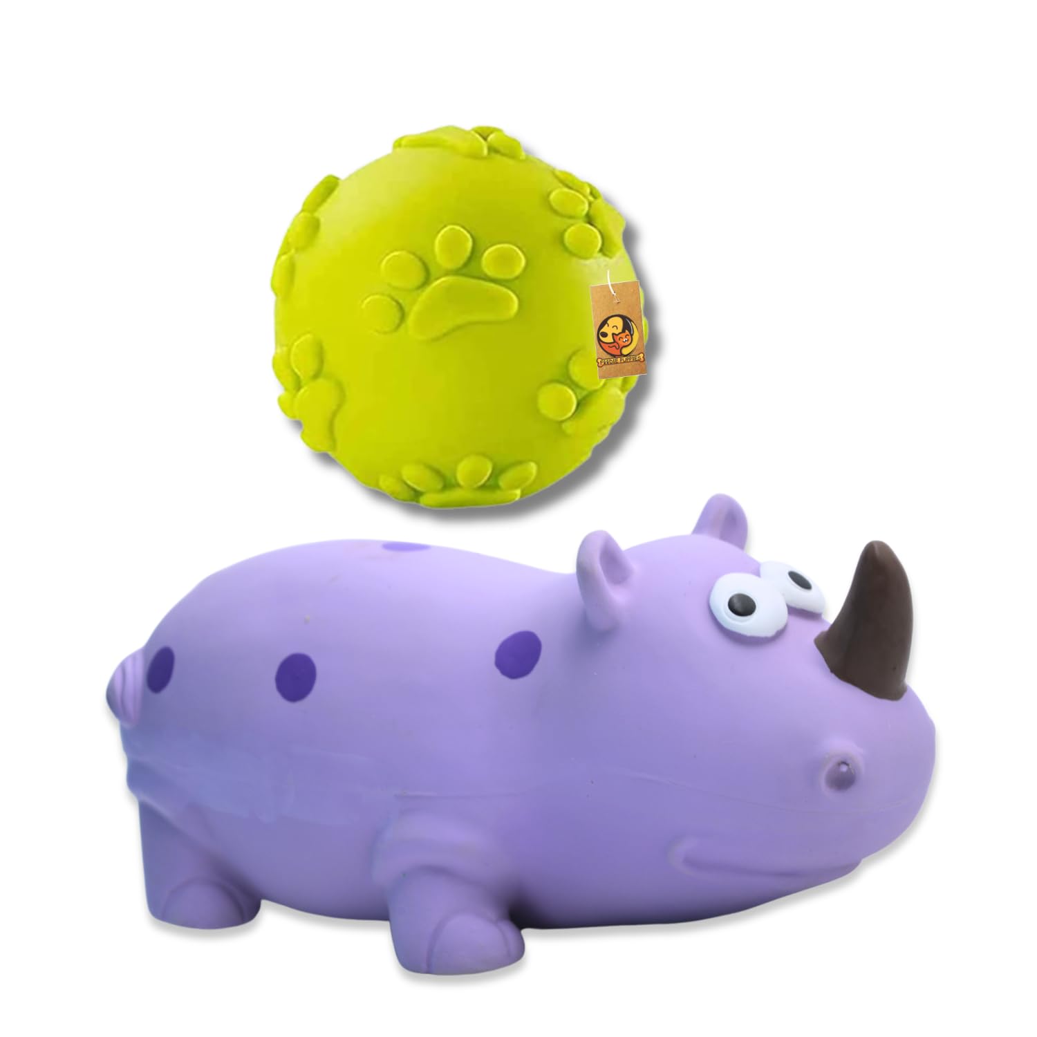 Foodie Puppies Dog Squeaky Chew Latex Toy Combo (Claw Ball + Purple Rhino) | NonToxic Interactive Durable Teething Play Toy | S