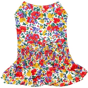 Parisian Pet Floral Printed Summer Dress - 100% Cotton Breathable Ruched Waist Dog Clothes - Beach Outfit - Cat Apparel - Dresse
