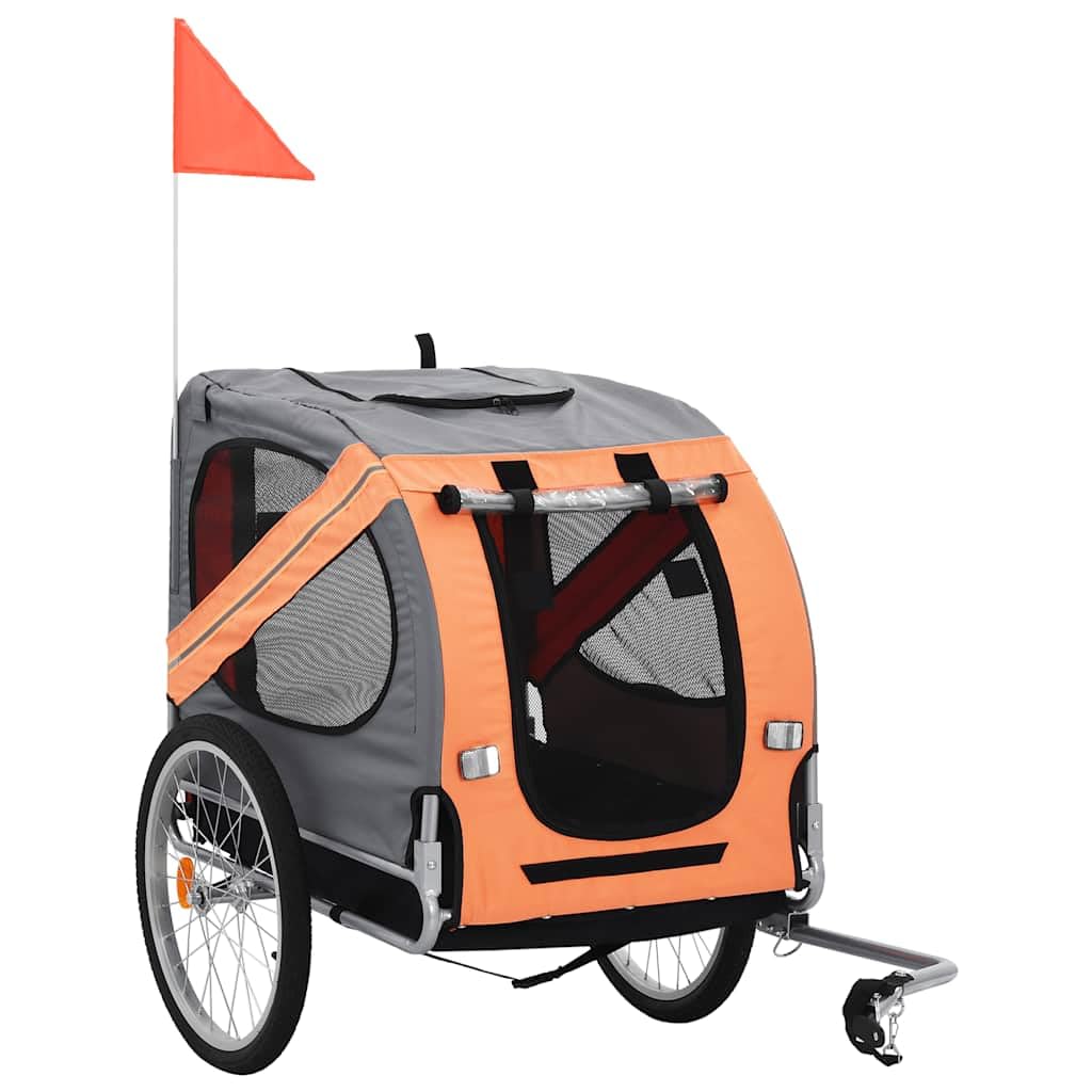 vidaXL Foldable Pet Bike Trailer for Small to Medium Dogs Orange and Grey Oxford Fabric Weatherproof Material Includes Safety Fl