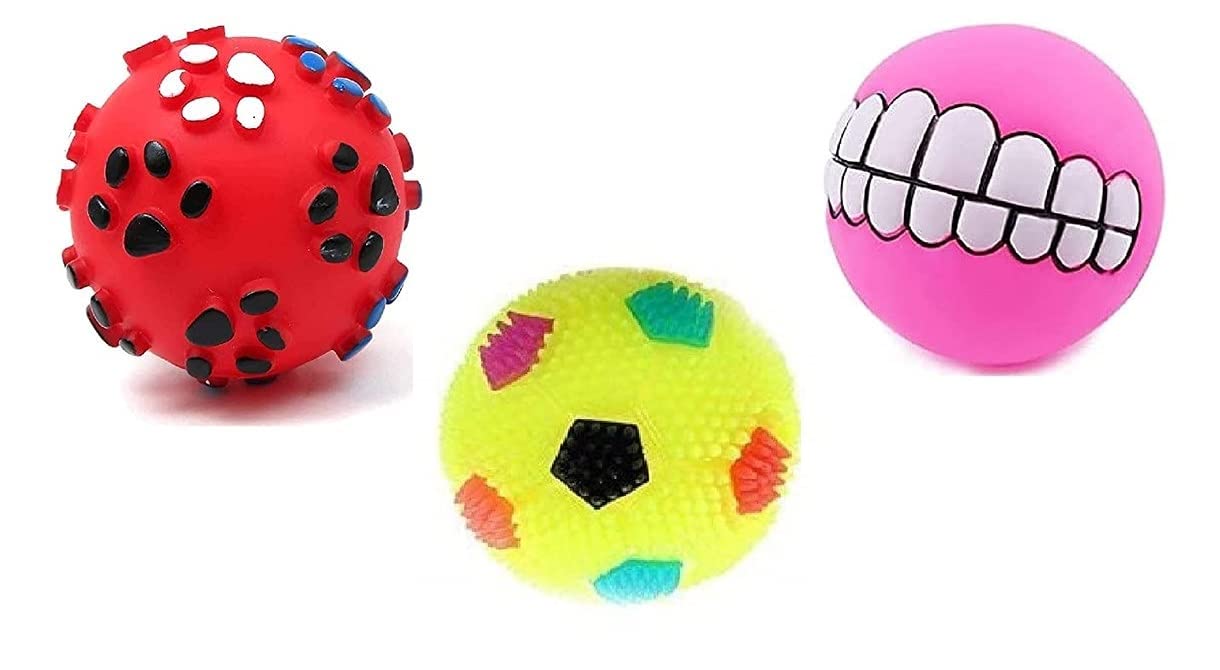 Rvpaws Dog Ball And Squeaky Toys 3 In 1 Combo For Dogs Puppy Cats (Paw Print + Led Ball + Funny Teeth Ball)