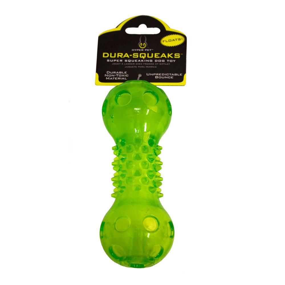 Hyper Pet Dura-Squeaks Barbell Interactive Fetch Dog Toy With Squeaker Made With Sturdy Tpr That Floats In Water
