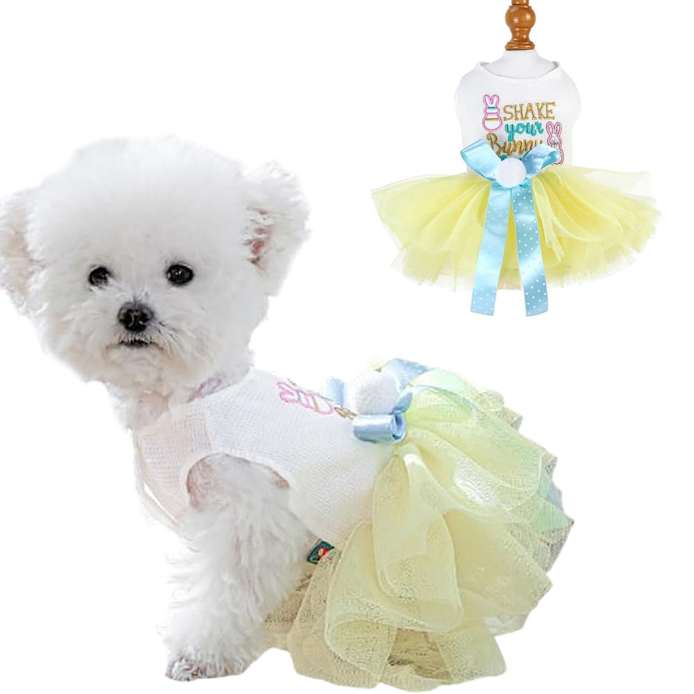 Anelekor Dog Easter Outfit With Embroidered Bunny Patterns And Cute Pompom Holiday Puppy Dress Bow Small Dog Tutu Cat Apparel Fa
