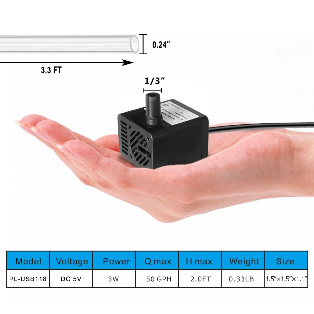 PULACO Mini Submersible Water Pump 5V USB, 50GPH for Pet Fountain, Aquarium, Pond, Hydroponics - Black Tubing Included