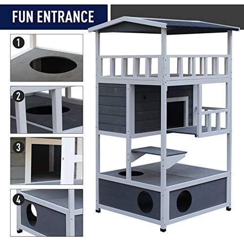Pawhut Wooden Outdoor Cat House, Feral Cat Shelter Kitten Condo With Asphalt Roof, Escape Doors, Condo, Jumping Platform, Grey