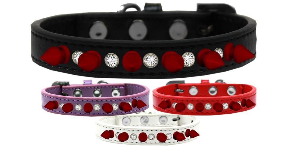 Mirage Pet Products Crystal and Red Spikes Dog Collar, Size 16, Black