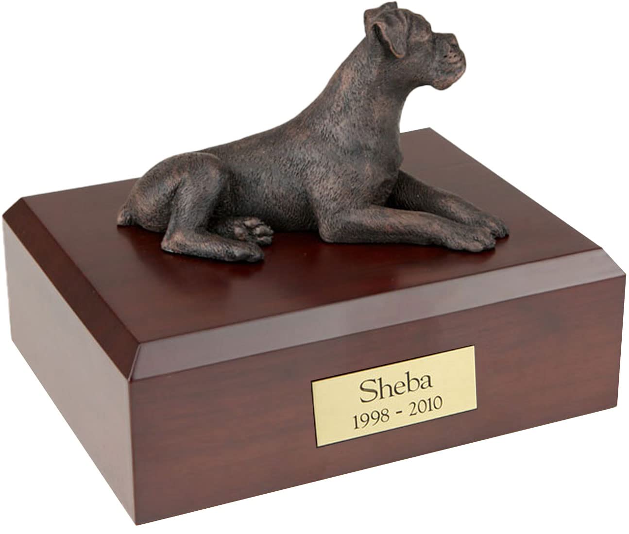 Personalized Small Boxer Dog Figurine Pet Cremation Urn For Ashes - Solid Wood Dog Urn (Maple, Oak Or Walnut) With Cast Resin Bo