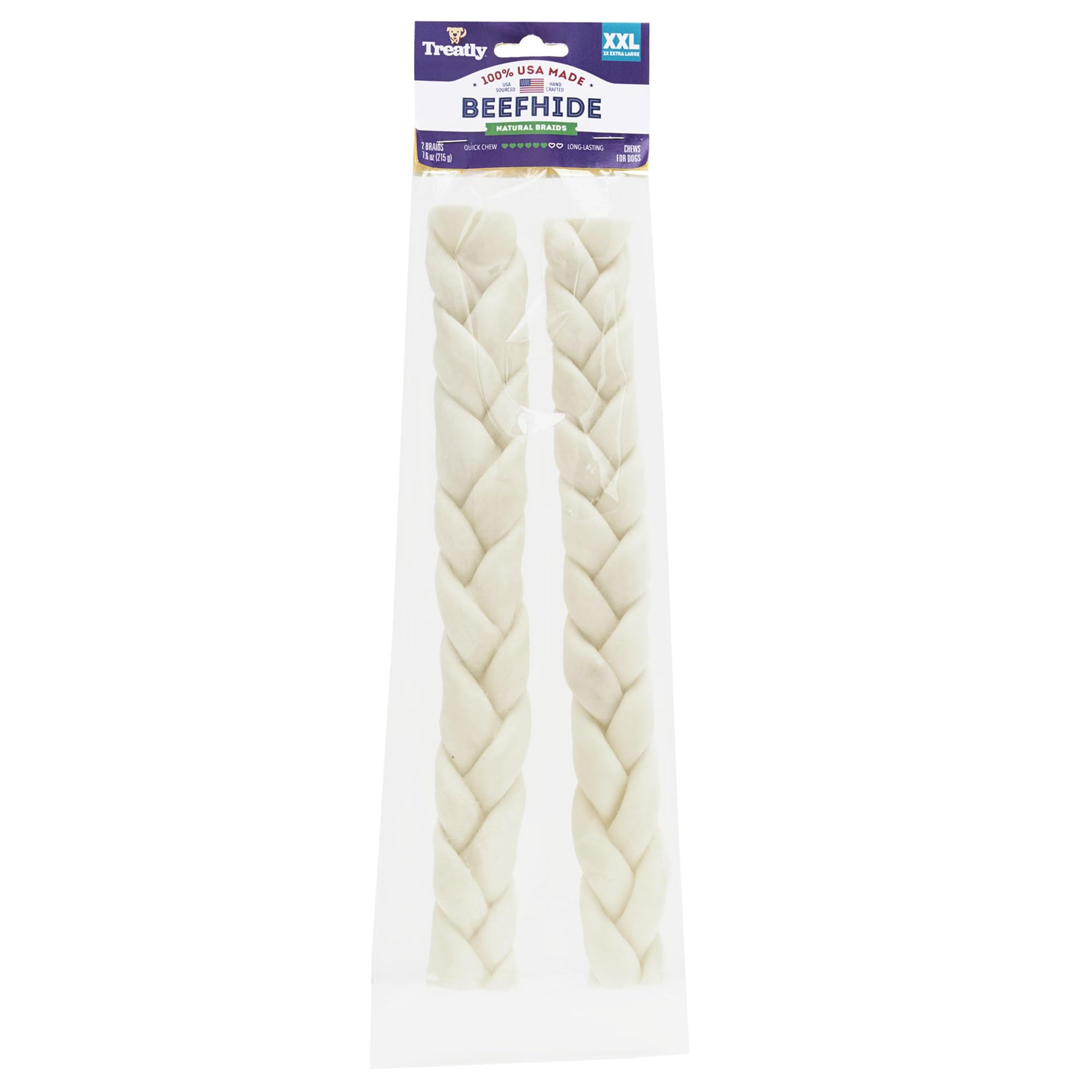 Treatly USA Beefhide Braids 12-13 Dog Chew Treats - Natural Flavor, 2 Count/1 Pack