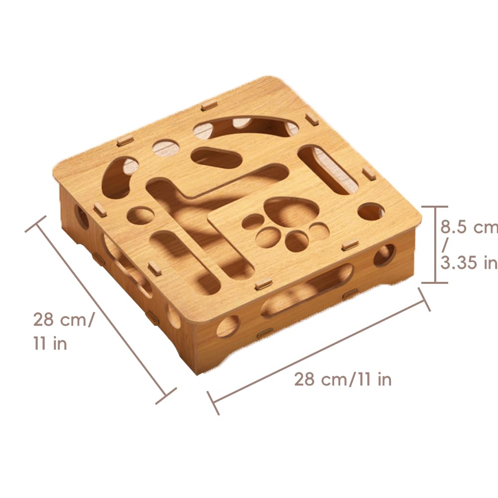 Cat Puzzle Toy Box,Wooden Interactive Enrichment Toy for Indoor Cats, Treat Dispensing, Self-Play, Hunting Games, Hide & Seek, B