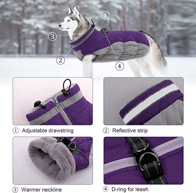 LeLePet Warm Dog Winter Coat, Waterproof Fleece, Windproof, Reflective, Turtleneck, Harness, Purple, XXX-Large