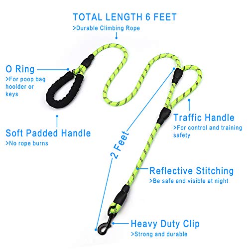 Plutus Pet Rope Dog Leash 6Ft Long,Traffic Padded Two Handle,Heavy Duty,Reflective Double Handles Lead For Control Safety Training,Leashes For Large Dogs Or Medium Dogs,Dual Handles Leads(Green)