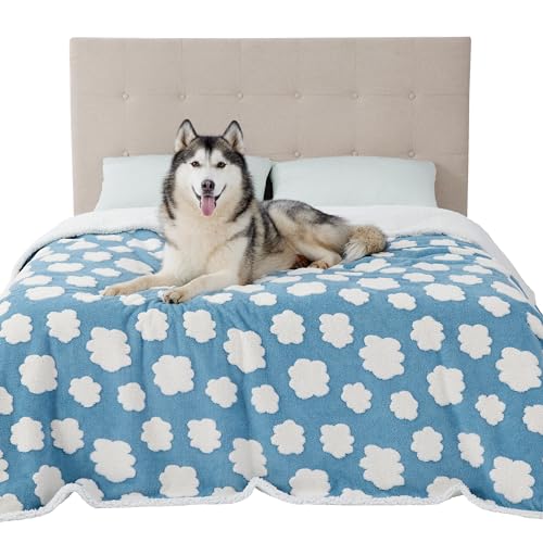 Lesure Waterproof Dog Blanket For Large Dogs - Washable Double Sided Dog Blankets With Warm Jacquard Shag And Soft Sherpa Fleece, Pet Cat Blanket For Queen Bed Protection, 3D Textured Cloud, Blue