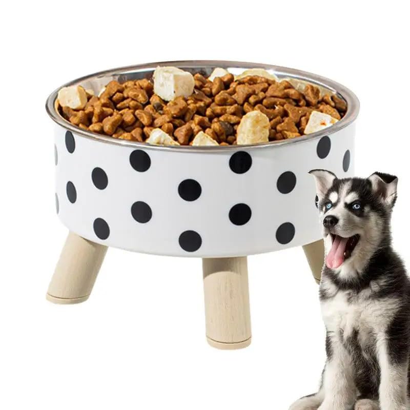 Jukkre WhiteBlack Stainless Steel Printed Non Skid Bowl For Dog/CatLarge, Detachable Bowl With Stand
