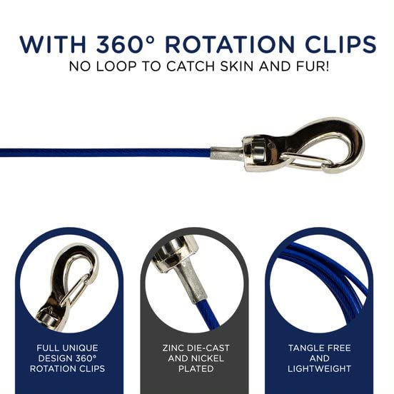 Ben-Mor Zinco 15 ft Dog Tie Out Cable for 50 lbs Small Breed Dogs & Pets - Heavy Duty 360 Degree Rotating Double Swivel Cable Co