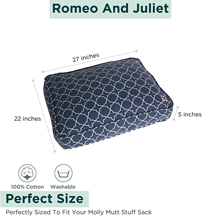 Molly Mutt Medium To Large Dog Bed Cover- Romeo & Juliet Print - Measures 27”X36”X5’’ - 100% Cotton - Durable - Breathable - Sustainable - Machine Washable Dog Bed Cover