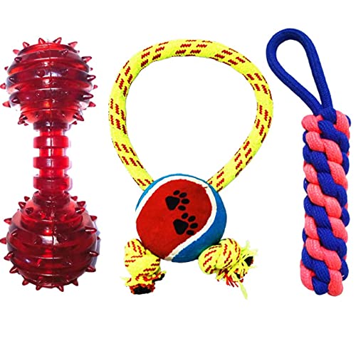 Dog Trust Combo Of 3 Durable Teething Chew Toys For Puppy | Cotton Tennis Ball Ring |Cotton Dummy|Rubber Line Dumbell Toys For D
