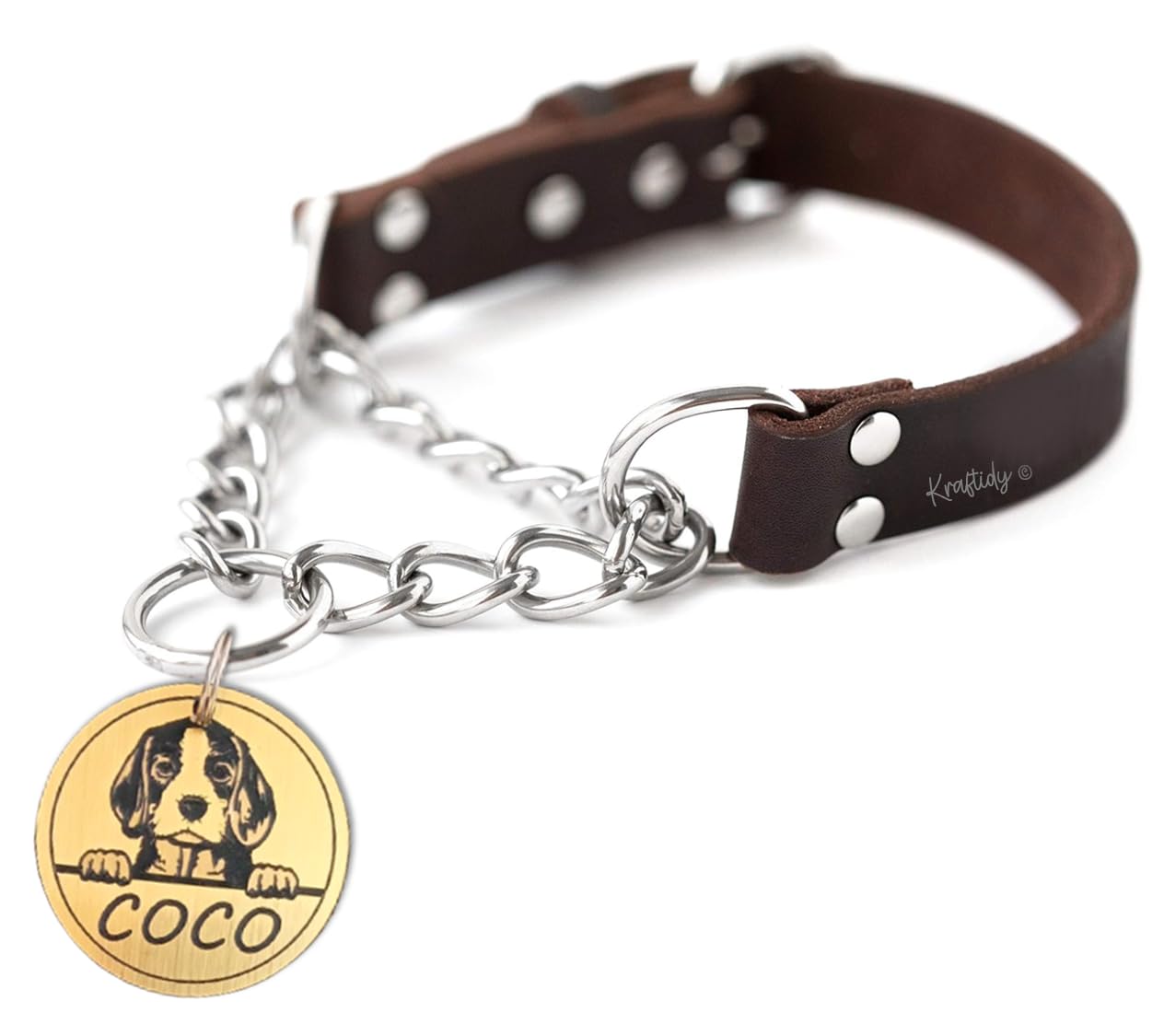 Kraftidy Dog Collar Leather Martingale Chain With Name Tag Id For Small Medium Large Dogs  Customized Neck Collar Belt With Per