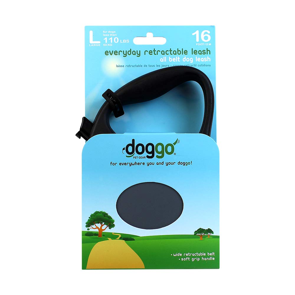 Doggo Everyday Retractable Dog Leash, 16' Long Belt, Large For Dogs Up To 110 Lbs, Grey With Black Soft Grip Handle
