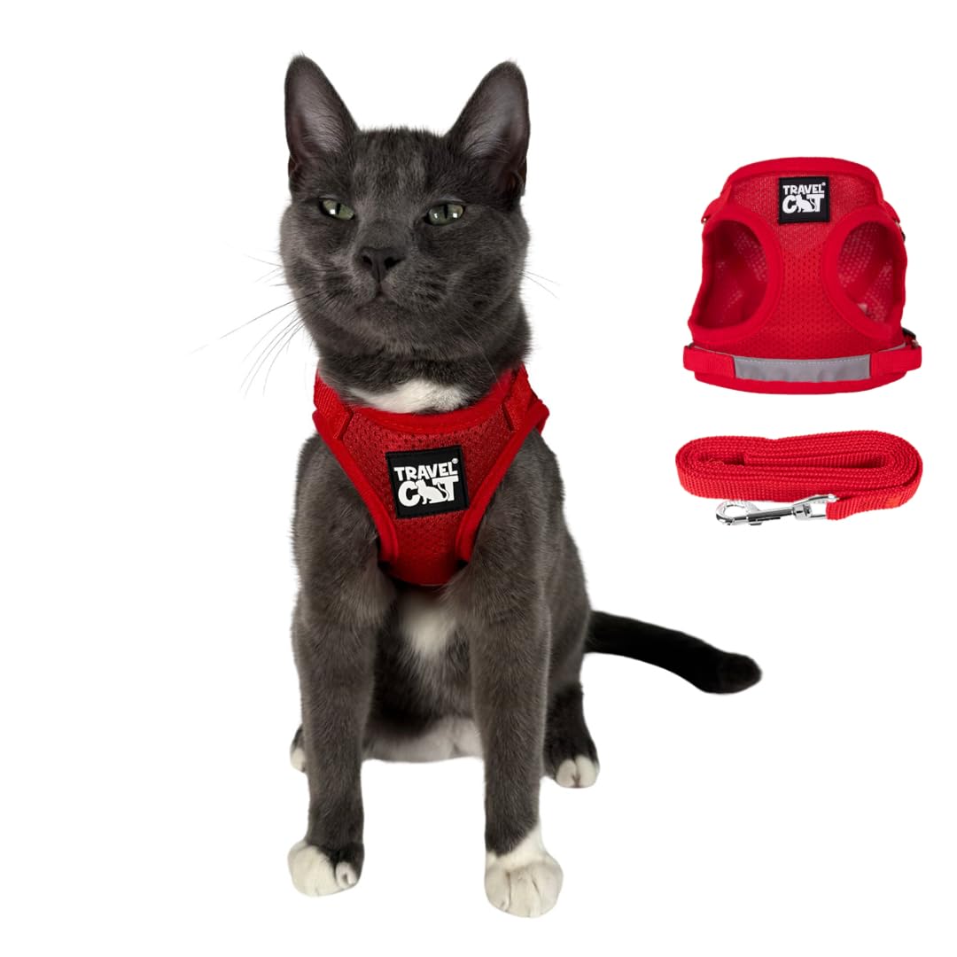 Travel Cat Harness And Leash Set - Adjustable Fit Mesh Cat Harness And Reflective Strap - Comfort Escape Proof Harness For Cats, Kitten For Outdoor Walking, Hiking (Extra Small, Red)