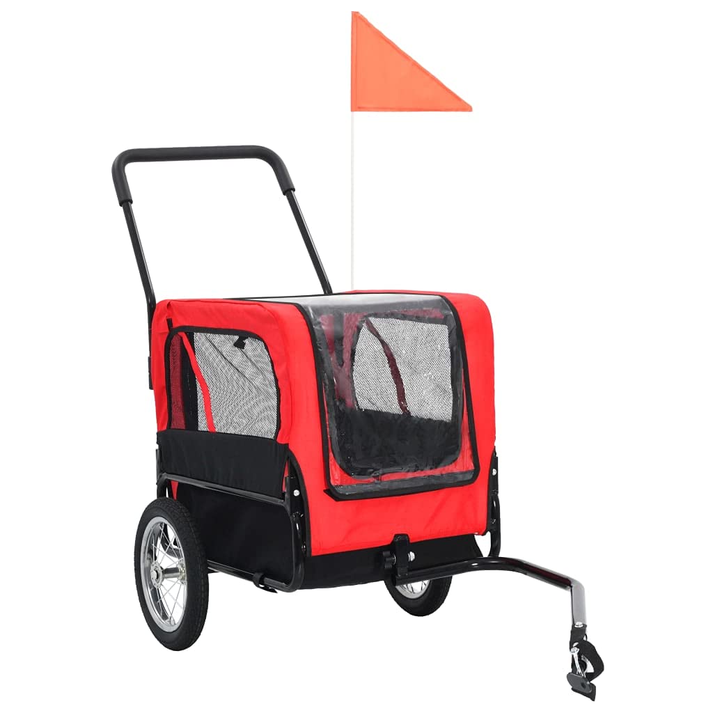 vidaXL 2-in-1 Pet Bike Trailer and Jogging Stroller, Versatile with Quick Conversion, Sturdy Steel Frame, Water-Resistant Oxford Fabric, Mesh Windows, Red and Black