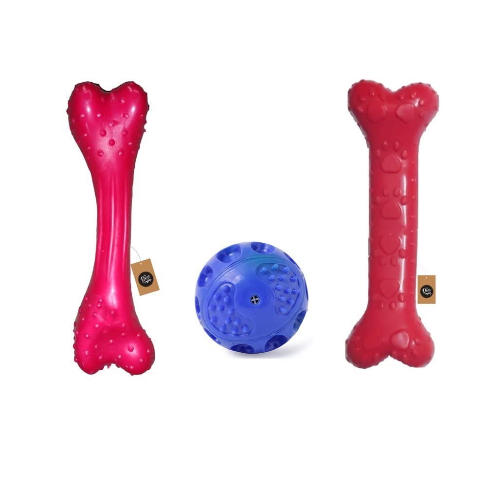 The Pets Company Rubber Dog Chew Toy Combo ( Large Dog Bone 8Inch + Large Dog Bone 8.5Inch+ Squeaky Ball Toy) | Chew Dog Toys For Medi