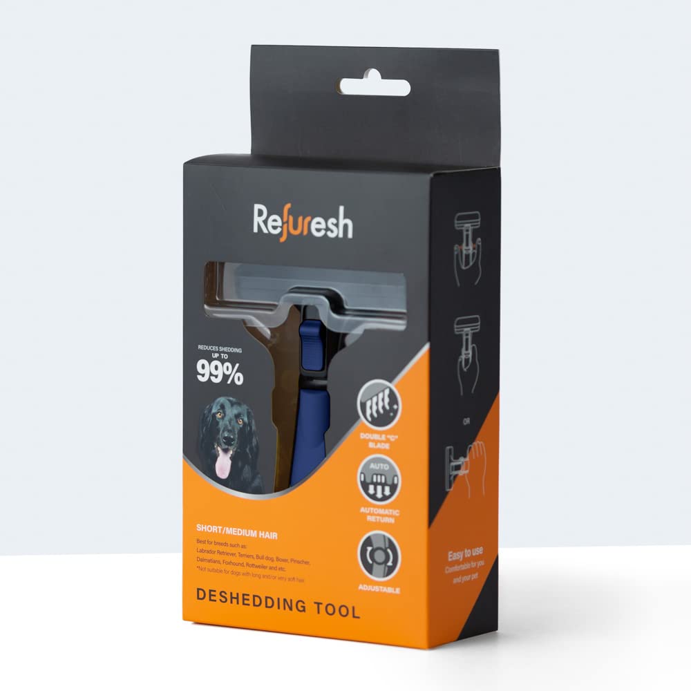 Refuresh Deshedding Dog Brush For Short/Medium Hair (Large,Blue) - Gentle Deshedding Tool For Dogs & Cats - Reduces Shedding, Wi