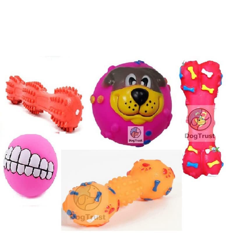 Dog Trust Squeaky Toy Combo Of 5, Dog Toy Ball (Spiked Bone+ Squeaky Dumblle+ Cute Puppy Face Ball+ Dog Funny Smile Face Ball+ D